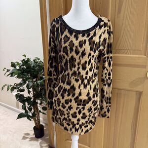 Inc Cheetah Animal Print Round Neck Long Sleeves Sweater Beaded CollarSize Small